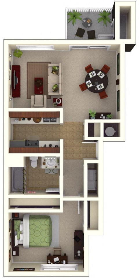 Floor plan for 1 bed, 1 bath, 708 sqft